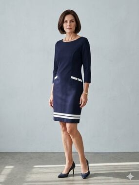 Talbots Navy Blue Sheath Dress With White Trim